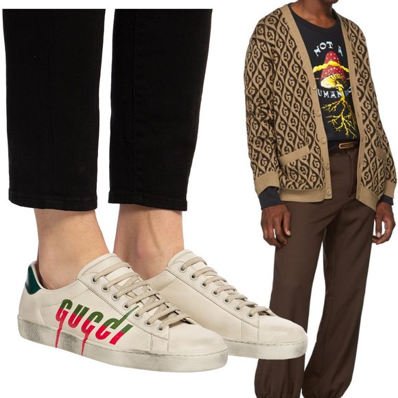 GUCCI SNEAKERS MENS ACE BOLT LOGO DISTRESSED WHITE LEATHER SHOES sz 11G 11.5 - Picture 3 of 13